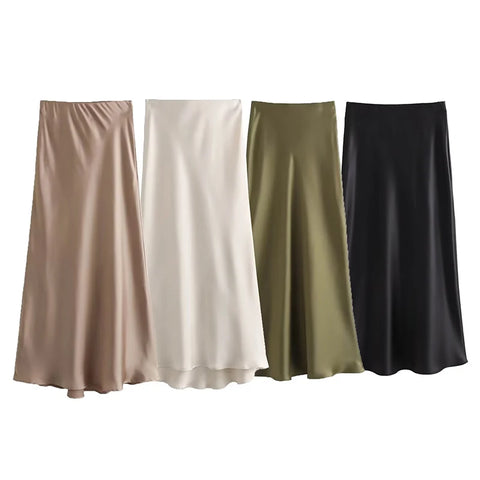 Sonicelife 2024 Y2K Casual Women Long Skirt Spring Elastic High Waisted A-Line Casual Female Satin Skirts High Street Lady Skirts