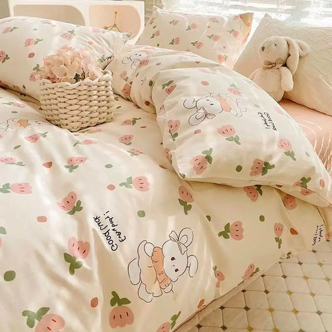 Sonicelife Korean Style Bedding Set Boys Girls Twin Queen Size Duvet Cover Flat Sheet Pillowcase Bed Linens Kids Adult Fashion Home Textile