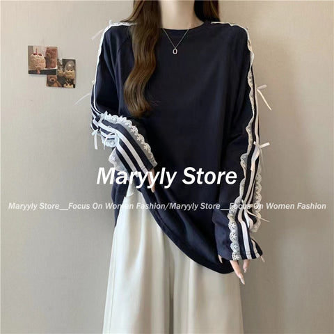 Sonicelife Sweet Loose Long Sleeve Patchwork Lace Tops Harajuku High Street Korean All Match Oversieze Women Clothing Y2k Aesthetic Tees