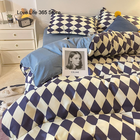 Sonicelife Ins Diamond Lattice Bedding Set Fashion Design Quilt Cover Solid Flat Sheet Queen Double Full Size With Pillowcases Home Textile
