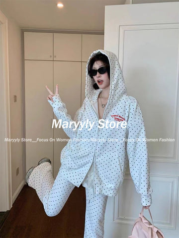 Sonicelife Autumn Japanese Style Polka Dot Embroidery Pants Set Women Casual Loose Hoodie Coat + Higt Waist Straight-leg Pants 2 Piece Set