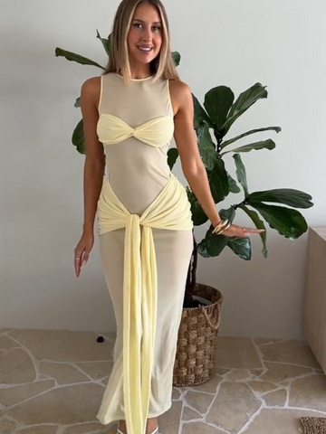 Sonicelife Elegant See Through Lady Dress Fashion Round Neck Knot Pleated Bodycon Maxi Dress Summer Female New Slim Fit Yellow Robes 2025