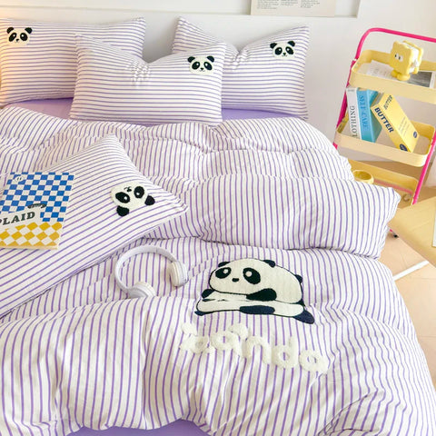 Sonicelife Striped Bedding Set Full Size Cartoon Duvet Cover for Kids Purple Bed Sheet Set Single Size Panda Towel Embroidery Bedding Sets