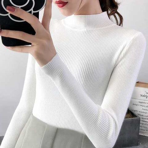 Sonicelife Mock Neck Women Sweater Vintage Basic Solid Knitted Tops Casual Slim Pullover Autumn Winter Korean Tops Simple Chic Jumpers