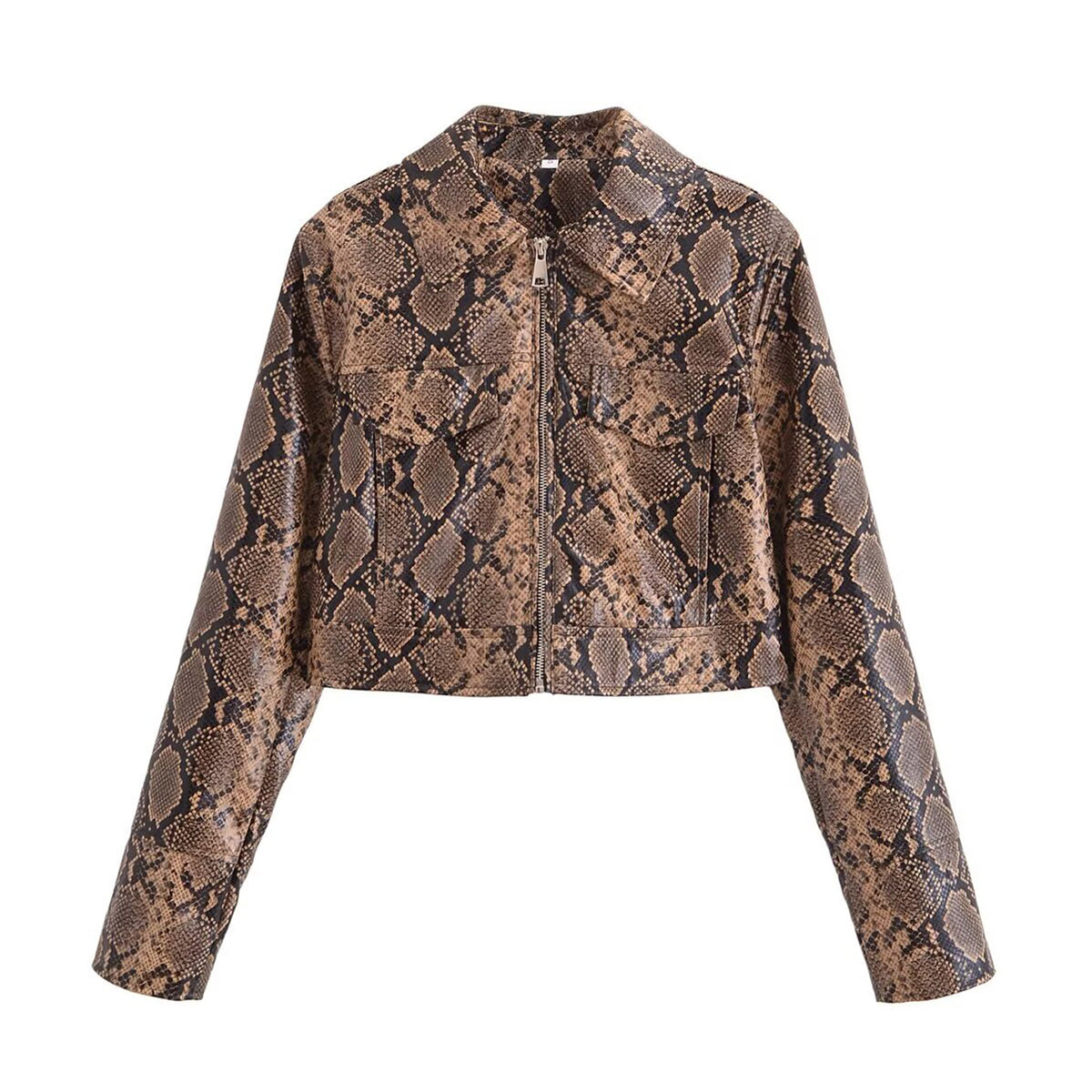 Sonicelife Women's new imitation leather coat long sleeve zipper snake print fashion casual top leather jacket