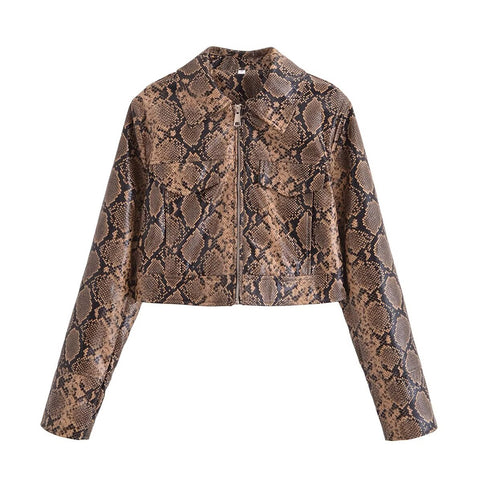 Sonicelife Women's new imitation leather coat long sleeve zipper snake print fashion casual top leather jacket