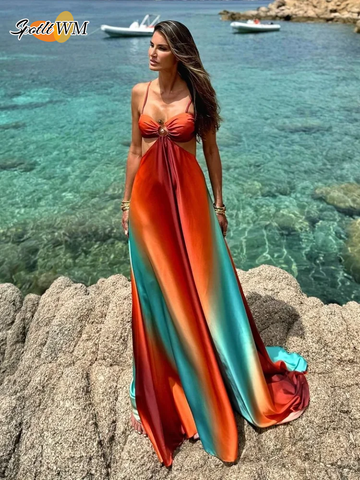 Sonicelife Sexy Print Colorful Hollow Out Pleat Maxi Dress Women Fashion Open Back Sling A-line Robes 2025 New Holiday Lady Summer Dresses