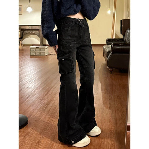 Sonicelife Vintage Wash High Waist Cargo Jeans