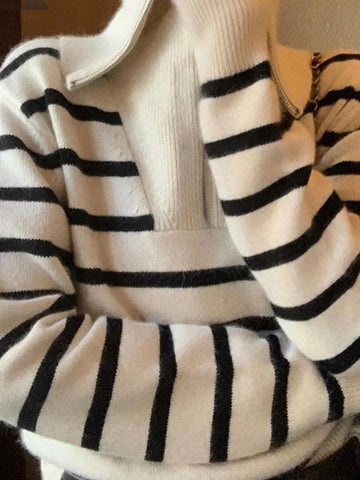 Back To School Sonicelife Stripe Splice Lapel Neck Half Zip Sweater