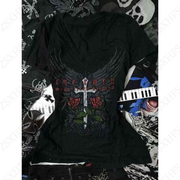 Sonicelife Grunge Women's T shirt Vintage Clothes 90s Casual Punk Hip Hop Short sleeve Femme Gothic Emo Graphic Tee Aesthetic Y2k Crop Top