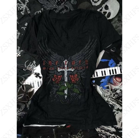 Sonicelife Grunge Women's T shirt Vintage Clothes 90s Casual Punk Hip Hop Short sleeve Femme Gothic Emo Graphic Tee Aesthetic Y2k Crop Top