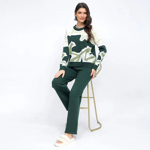 Sonicelife Knitted Pants Set Printed Long Sleeve Women Pullover Sweater and Solid Pants 2 Piece Sets Fashion Outfit Fall Winter 2024