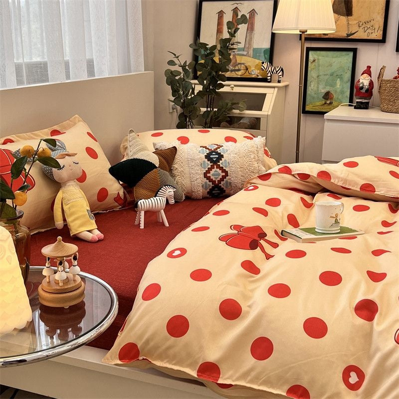 Sonicelife Red Spot Bed Set Heart Love Quilt Cover Polyester Bedding Sheet Fashion Women Adults Single Double Full Size Bedroom Decor