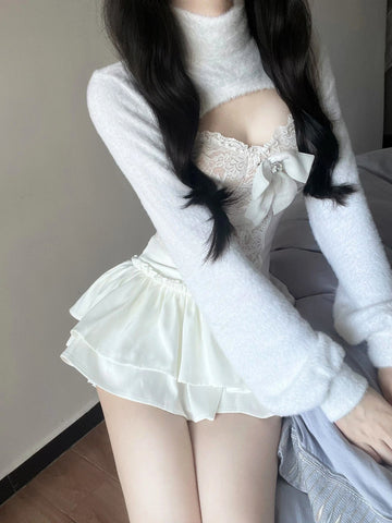 Sonicelife Korean Fashion White Skirt Sets Women Casual Slim Crop Tops + Sexy Y2K Lace Vest + Sweet Party Kawaii Mini Skirt 2025 Spring