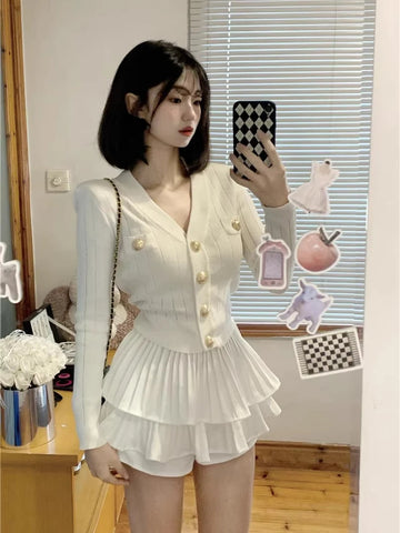 Sonicelife 2025 Spring Korea Fashion Knitted Suit Black Slim 2 Piece Skirt Set Casual Elegant Sweater + Women Outwear Casual Y2k Mini Skirt