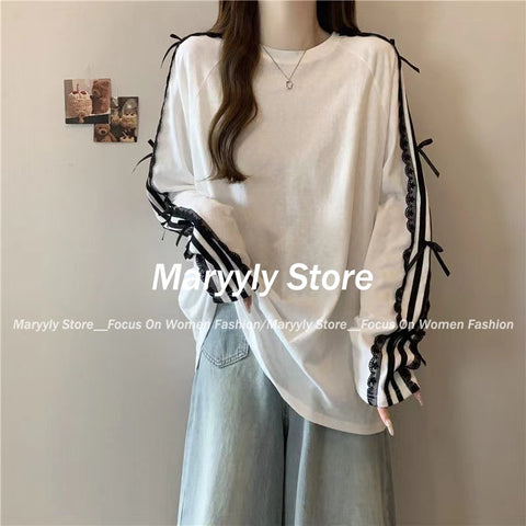 Sonicelife Sweet Loose Long Sleeve Patchwork Lace Tops Harajuku High Street Korean All Match Oversieze Women Clothing Y2k Aesthetic Tees