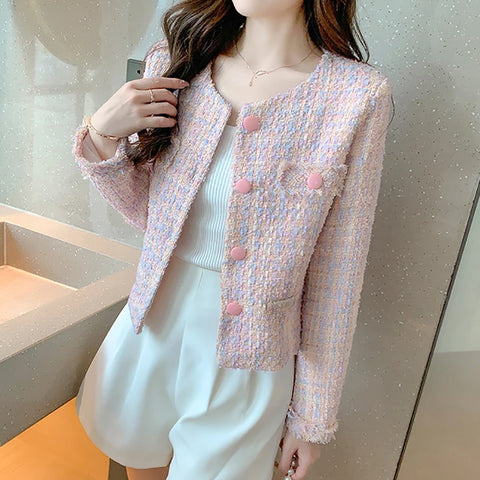 Sonicelife Autumn Winter Women Elegant Jacket Pink Tweed Buttons Up Cardigan Coat Female Long Sleeve Tassel Office Outerwear