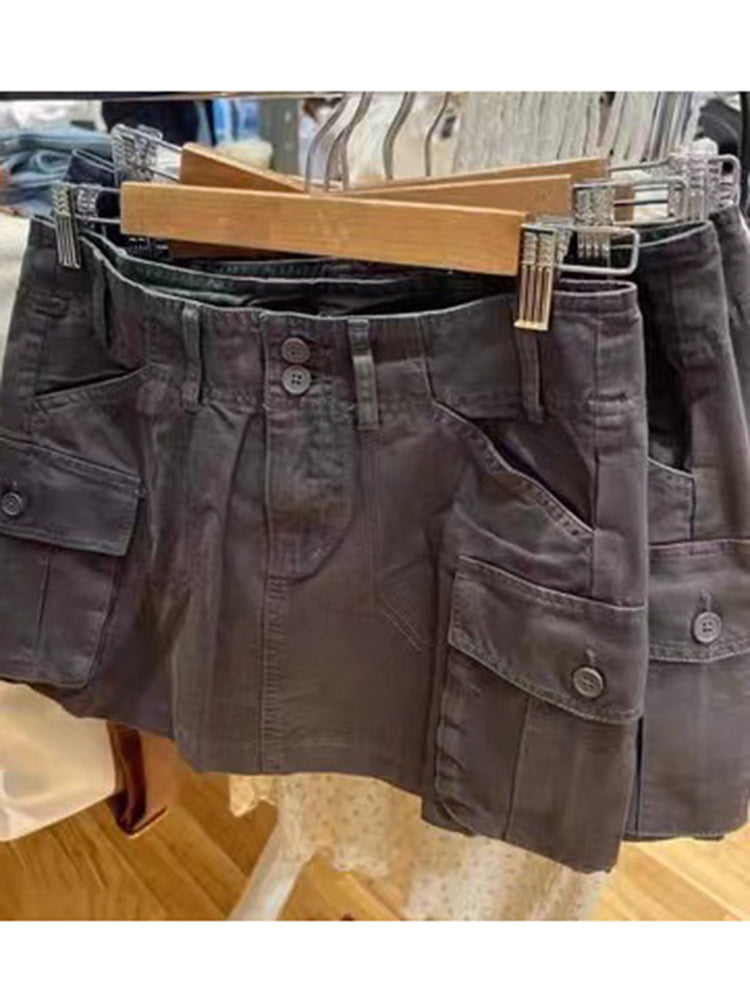 Sonicelife Casual Women Solid Cargo Pants Women Pockets High Waist A-line Mini Skirts Female Y2k Streetwear Cotton Bottoms 2025