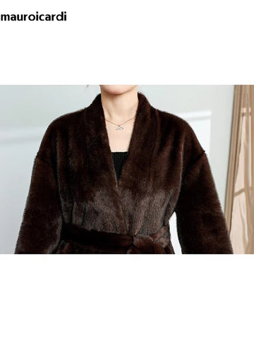 christmas outfit Sonicelife Spring Winter Long Brown Elegant Luxury Warm Thick Fluffy Faux Mink Fur Coat Women with Deep V Neck Furry Overcoat