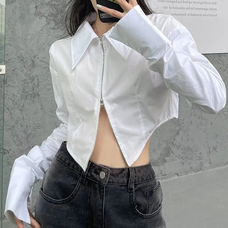 Sonicelife Slim Cropped White Shirt Women Long Sleeve Sexy Chic Double Zippers Blouse Fall Female Long Sleeve Hip Hop Streetwear Tops