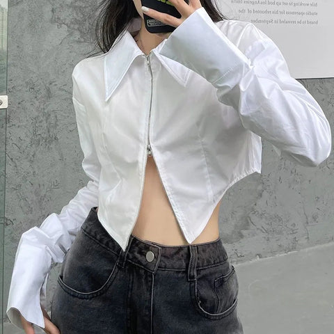 Sonicelife Slim Cropped White Shirt Women Long Sleeve Sexy Chic Double Zippers Blouse Fall Female Long Sleeve Hip Hop Streetwear Tops