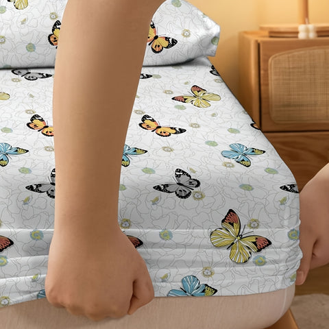Sonicelife 3pcs Butterfly Print Fitted Sheet Set, Dustproof Non-slip Mattress Protector, Soft Comfortable Breathable Bedding Sheet Set