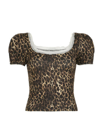 Sonicelife Lace Trim Leopard Print Square Neck Puff Sleeve Top