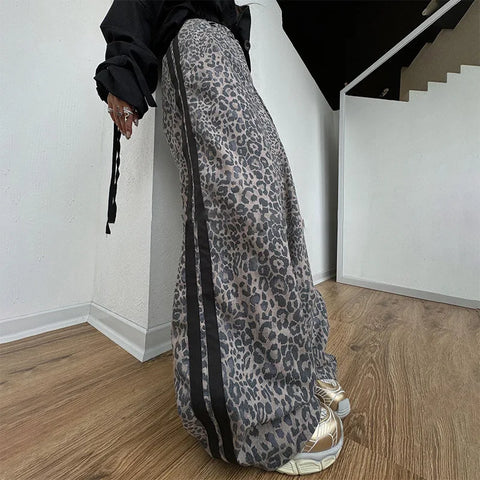 thanksgiving outfit Sonicelife Casual Leopard Wide Leg Pant Women Patchwork High Waist Long Trouser Female 2024 Autumn Fashion Y2K All Match Striped Pants Lady