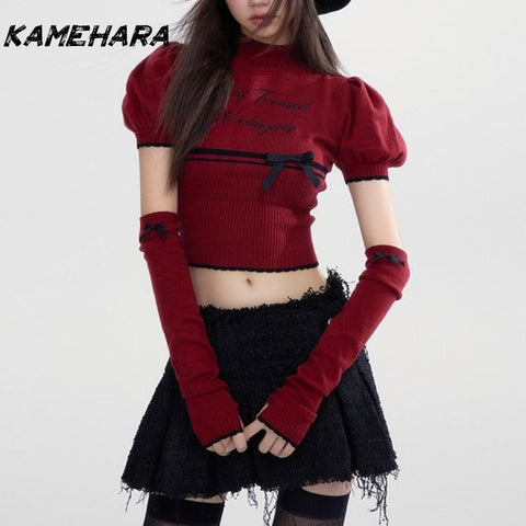 Sonicelife Y2k Sweet Bow Half High Neck Bubble Sleeve Knitted Sweaters Spring Summer Red Short Sleeved Slimming Pullovers Свитер