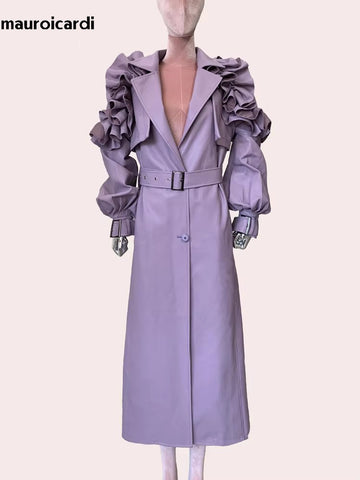 christmas outfit Sonicelife Spring Long Soft Purple Faux Leather Trench Coat for Women with Ruffled Lantern Sleeve Elegant Luxury Chic Overcoat