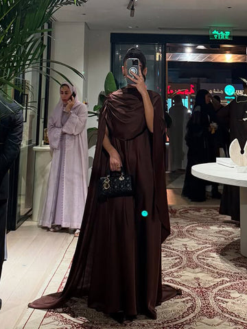 Sonicelife Women Stain Cape Collar Long Dress Elegant Lady Pleated Slim Fit Cloak Maxi Vestido Fashion Summer Cocktail Dress Woman 2025 New
