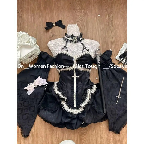 Sonicelife Women Lace Top + Blakc Cake Mini Skirt + Sleeve Cosplay Vintage Clothing Black Gothic Lolita Suits Y2k Halloween 2 Piece Set