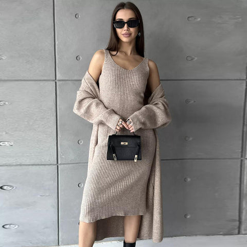 Black Friday Sonicelife Casual Knitted Sling Dresses Cardigan Set Women Loose Solid V-neck Knitwear Long Open Sweater Woman's Sets Autumn Chic Oufits