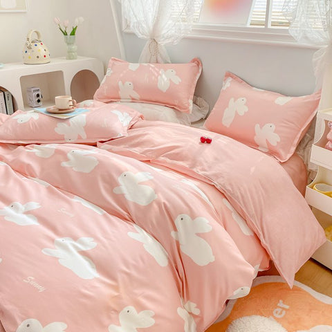 Sonicelife Floral Bedding Set Kawaii Rabbit Duvet Cover Flat Sheet Pillowcase Soft Bed Linens Single Full Dormitory Bedroom Home Textile