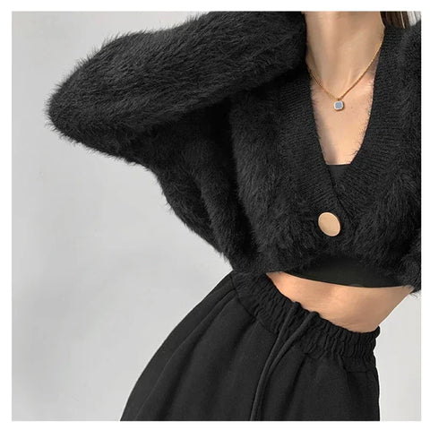 Sonicelife 2024 Autumn Winter Women Button Cropped Sweater Imitation Mink Hair V-Neck Long Sleeve Sweater Solid Cardigan Coat Women