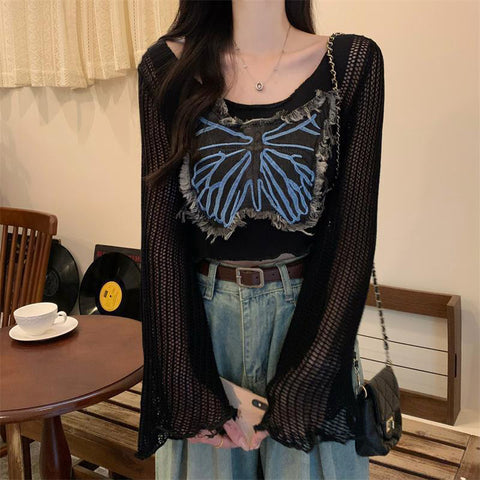 Black Friday Sonicelife Butterfly Denim Patchwork Sweater Women Jazz V-Neck Flare Sleeve Hollow Out Knitted Pullover Hot Slim Sexy Cropped Tops