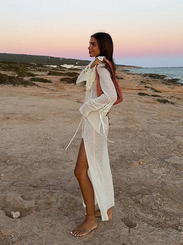 Sonicelife Casual Knit Open Fork Long Dress Elegant White V Neck Full Sleeve Lace Up Robes New Women's Summer Beach Holiday Vestidos 2025