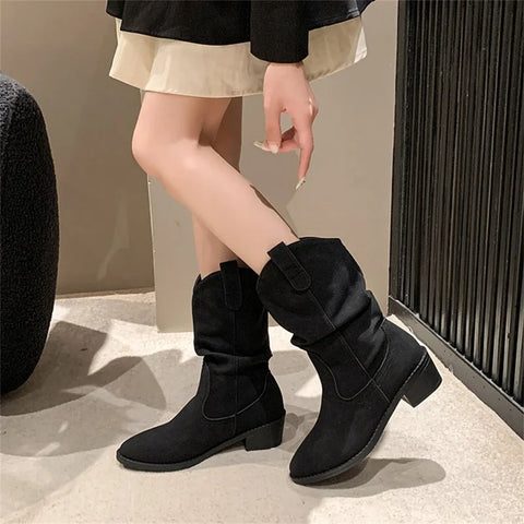 Sonicelife Suede pleated autumn thick heel plus medium heel long leg fashion boots 2025  retro but knee pile boots for women