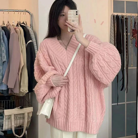 Sonicelife Autumn Winter Women Sweater Harajuku Oversized Knitted Pullovers Korean Long Sleeve V Neck Knitwear Preppy Solid Loose Jumper