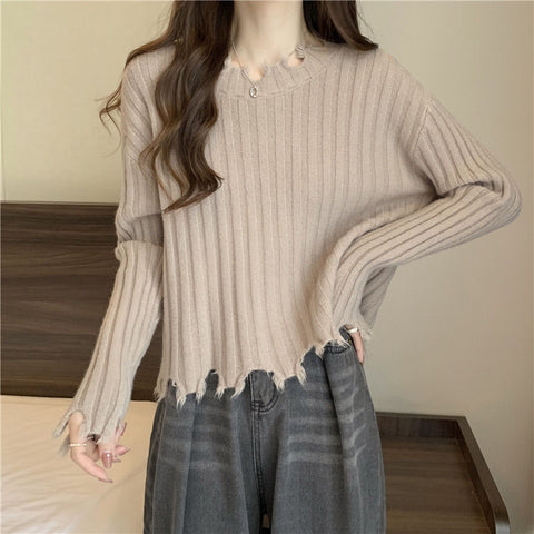Sonicelife Design Retro Japan Sweaters Women Casual Long Sleeve Irregular Knitted Pullovers Fall Sweet Loose Elegant Apricot Jumpers