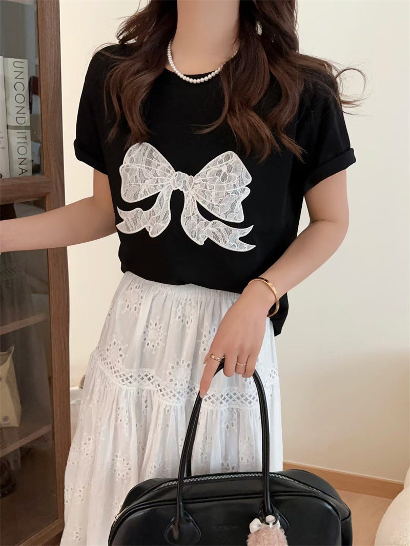 Sonicelife Embroidery Bow Oversized Short Sleeve Tee
