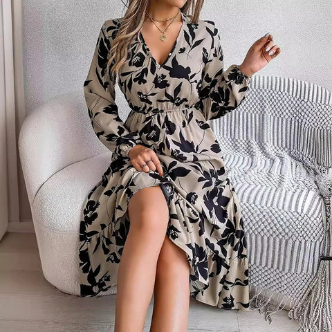 Sonicelife Long Sleeve Ruffles Floral Printed Maxi Dress Bohemian Holiday Dress Office Elegant V-Neck Dress Vestido Autumn