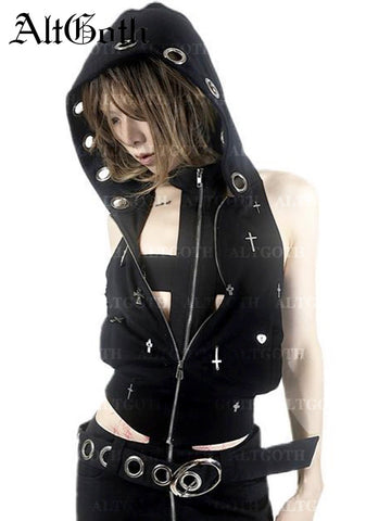 Sonicelife Streetwear Gothic Dark Vest Women Harajuku Y2k E-girl Cyberpunk Cross Hooded Crop Tank Top Emo Alt Grunge Outfits Female