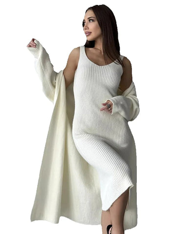 Black Friday Sonicelife Casual Knitted Sling Dresses Cardigan Set Women Loose Solid V-neck Knitwear Long Open Sweater Woman's Sets Autumn Chic Oufits