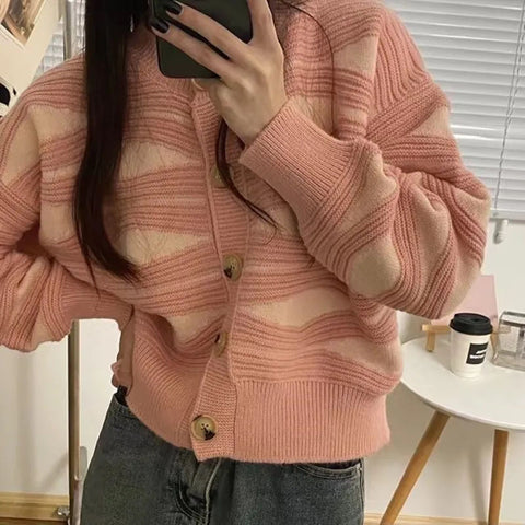 Black Friday Sonicelife Zoki Y2K Wave Striped Cardigan Sweater Women Fashion Warm Long Sleeve Knitted Crop Top Female Casual Button O Neck Cardigans