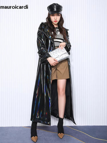 christmas outfit Sonicelife Spring Soft Thin Flowy Shiny Reflective Holographic Black PVC Faux Leather Trench Coat for Women Maxi Y2K Streetwear