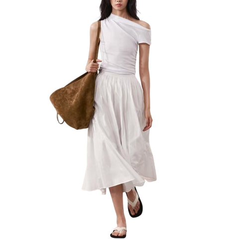 Sonicelife Women's Wide Hem White Mid Length Skirt Versatile Pleated Long Skirt New Commuting Temperament