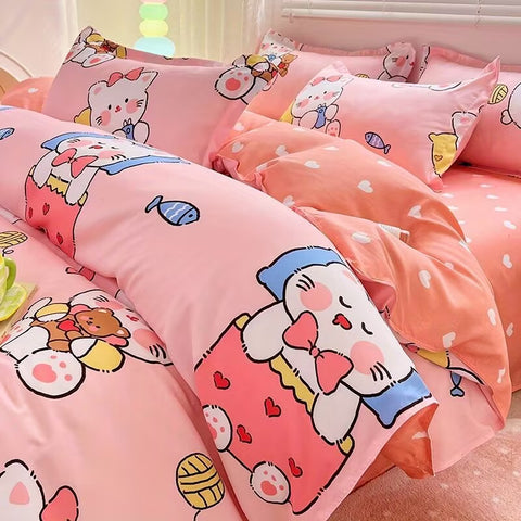 Sonicelife Ins Cartoon Rabbit Duvet Cover Set Soft Blue Flat Sheet Quilt Cover Pillowcase Bed Linen Twin Queen Full Size Floral Bedding Set