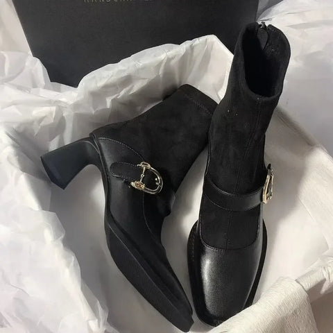 Sonicelife Suede Women Chunky Ankle Boots Mid Heels Fashion Leather Shoes  2025   Trend Goth Chelsea Boots Pumps New Muejr Snow Botas