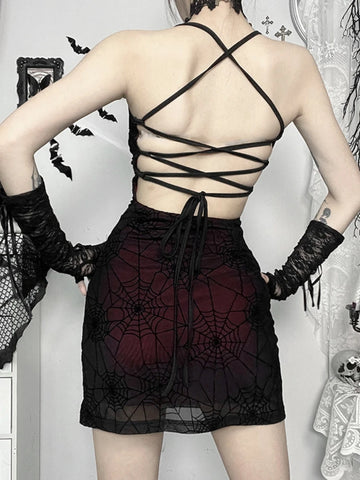 Sonicelife Halloween Dark Gothic Bodycon Dress Women Sexy Streetwear Harajuku Y2k E-girl Spiderweb Spaghetti Strap Mini Dress Femme